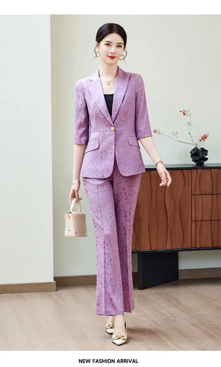 Fashion Purple Half Sleeve Professional Suit Women New Summer Elegant Formal Slim Blazer And Pants Office Ladies Work Wear