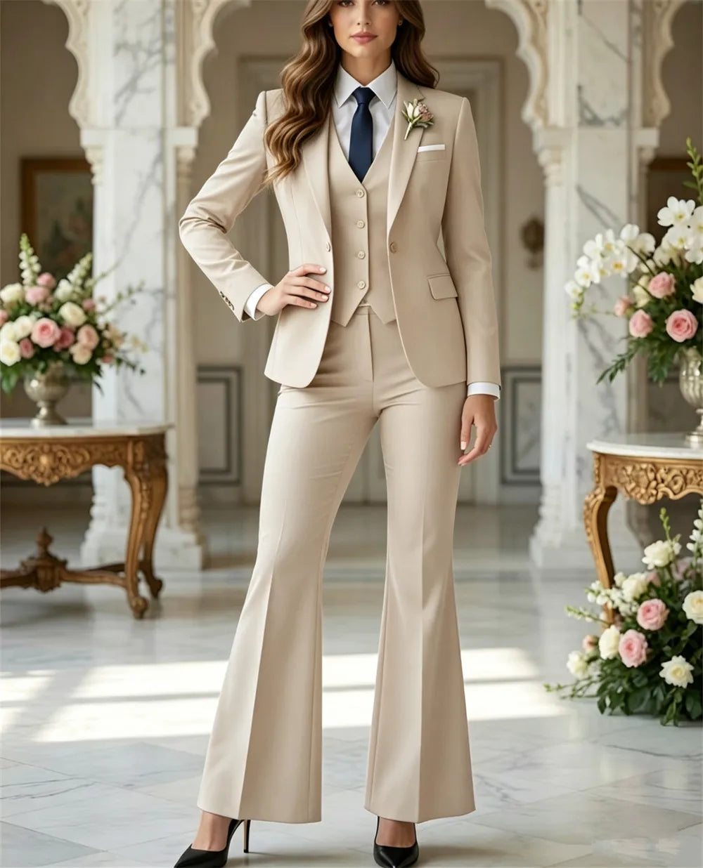 Navy Blue 3 Piece Suit Women Trauanzug Damen Costume Femme Bleu Tuxedo Flared Pantsuit 70s Retro Vintage Bridal