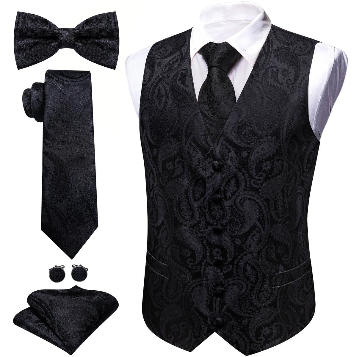 Men's Jacquard Suit Vest Set with Tie, Bow Tie, Pocket Square & Cufflinks – Wedding & Formal