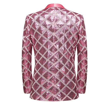 Fashion Men's Wedding Banquet Prom Evening Party Suit Jacket Pink Red Sequins Single Button Slim Tuxedo Blazers for Singer Host