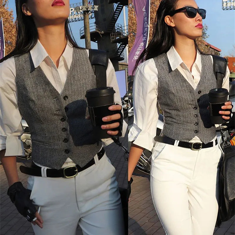 Korean Ladies Fashion Solid Color Vest Coat Summer Women V-neck Suit Sleeveless Outwear Spring Female Cardigan Waistcoat Jacket