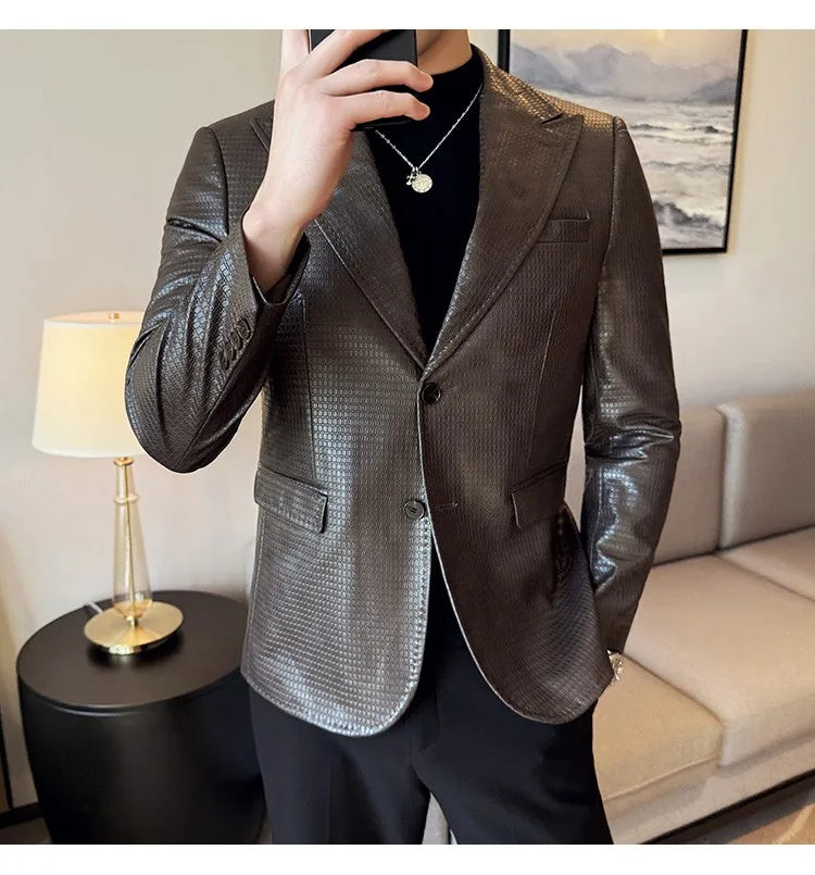 Korean Waffle Leather Suit Jacket Men's Business Casual PU Leather Blazer Slim Fit Wedding Groom Office Social Formal Coats 2026