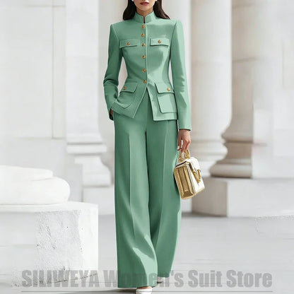 Women's Ivory Suit Mandarin Collar 2 Piece Military Style Gold Buttons Blazer Wide Leg Pants Wedding Party Prom Lady Suits