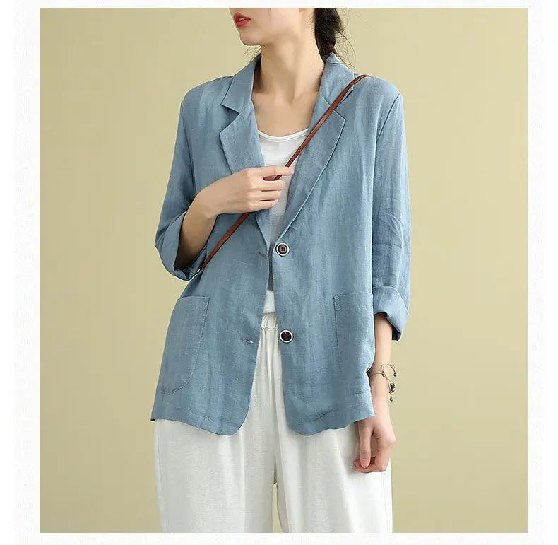 Casual Cotton and Linen Suit Jacket Women 2025 Spring and Summer New Loose solid Long-sleeved Blazer Woman Sunscreen Clothing