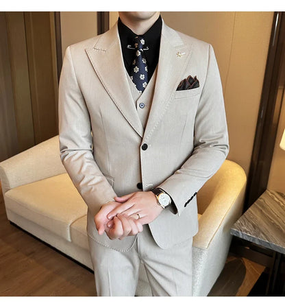 (Blazer + Vest + Trousers) 2024 New Men Formal Business Solid Suit 3 Pieces Set Italian Style Luxury Wedding Social Party Tuxedo