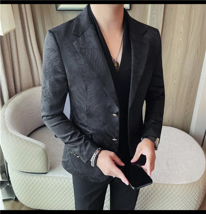Luxury Jacquard Casual Suit Jacket for Men Autumn Korean Fashion Business Social Blazers Handsome Office Wedding Dress Jacket