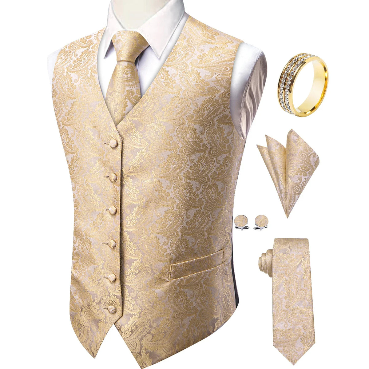 Men's V-Neck Suit Vest 5-Piece Set with Necktie Pocket Square Cufflinks and Tie Ring – Navy Solid Textured – Business & Banquet
