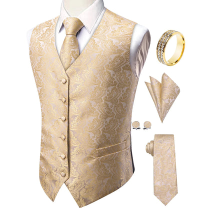 Men's V-Neck Suit Vest 5-Piece Set with Necktie Pocket Square Cufflinks and Tie Ring – Navy Solid Textured – Business & Banquet