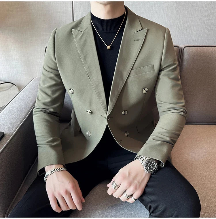 Autumn High-quality Double Breasted Slim Fit Suit Jacket Men Versatile Casual Business Blazer Wedding Social Banquet Formal Coat