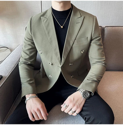 Autumn High-quality Double Breasted Slim Fit Suit Jacket Men Versatile Casual Business Blazer Wedding Social Banquet Formal Coat