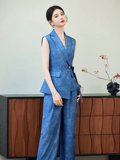 Comfortable 2026 Spring Suit Women's 2 Piece Suit Set Sleeveless Blazer Vest Wide Leg Pants Outfit Casual Office Workwear Dressy