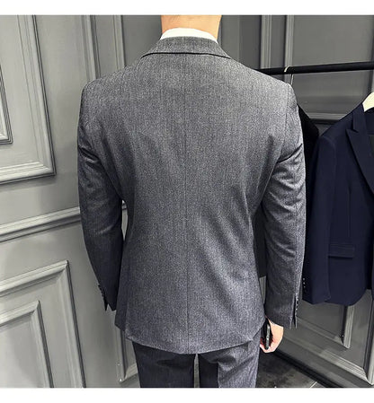 Men's 3 Piece Suit Set Double‑Button Slim Fit Solid Color Business Casual Wedding Party Jacket Vest Pants Formal Outfit for Men