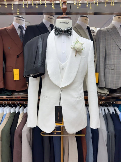 White Fully Jacquard Suit Set 3 Pieces For Men Wedding Groom Sets Handsome Elegant Shawl Lapel Men's Suits Party Tuxedo S-3XL