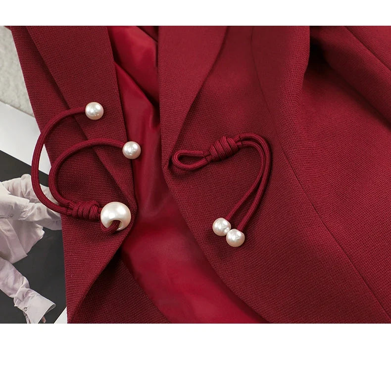 Elegant National Style Buckle Pants Suit  2024 Autumn New Professional Temperament Slim Blazer And Pants Office Ladies Work Wear