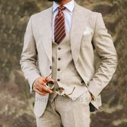 Costume de mariage 3 pièces en lin beige/bleu pour homme, costume de smoking d'été pour le marié, ensemble décontracté pour mariage sur la plage ou bal de promo, avec veste, gilet et pantalon