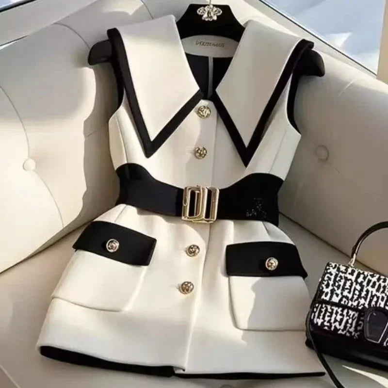 Spring Summer Jacket Vest Color Block Coffee Sleeveless Blazers Waistcoat Retro Female Outerwear All-match Fashion Office Lady