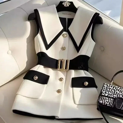 Spring Summer Jacket Vest Color Block Coffee Sleeveless Blazers Waistcoat Retro Female Outerwear All-match Fashion Office Lady