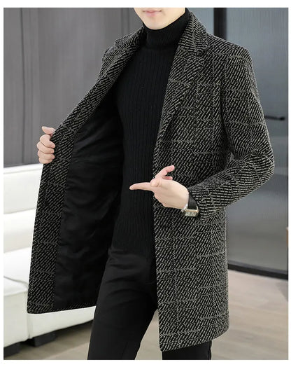 High-quality winter men's fashionable and stylish woolen overcoat, suit collar, mid-length windbreaker, woolen coat