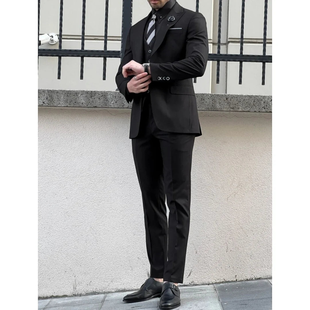 Men Suit 3 Piece Black Solid Single Button With Lapel For Wedding Banquet Birthday Party Prom Business Work Jacket Vest Pants