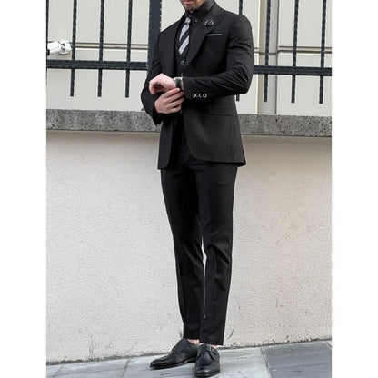 Men Suit 3 Piece Black Solid Single Button With Lapel For Wedding Banquet Birthday Party Prom Business Work Jacket Vest Pants