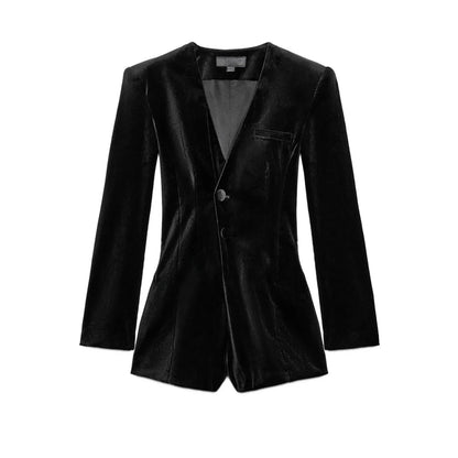 Silk Velvet Long Sleeve Suit Jacket Women's Business Wear Slim Fit Mid-Length Luxury Glossy Black Swan Velvet Outerwear