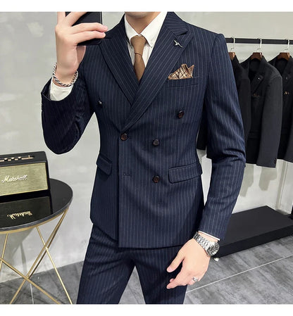 Men's Double-Breasted 2-Piece Suit – Classic Striped, Wedding & Business