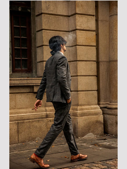 Retro British Style Double Breasted Suit Jacket Men's Checkered Business Formal Suit Wedding Professional Suit