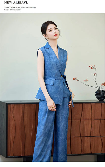 Comfortable 2026 Spring Suit Women's 2 Piece Suit Set Sleeveless Blazer Vest Wide Leg Pants Outfit Casual Office Workwear Dressy