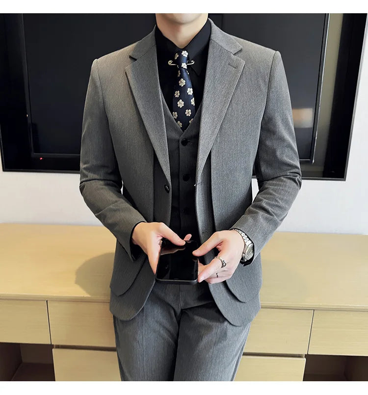 British Style Fake Two-piece Suit Set Men's Wedding Groom Dress 3 Piece Set Suit Vest Trousers Slim Office Business Casual Suits