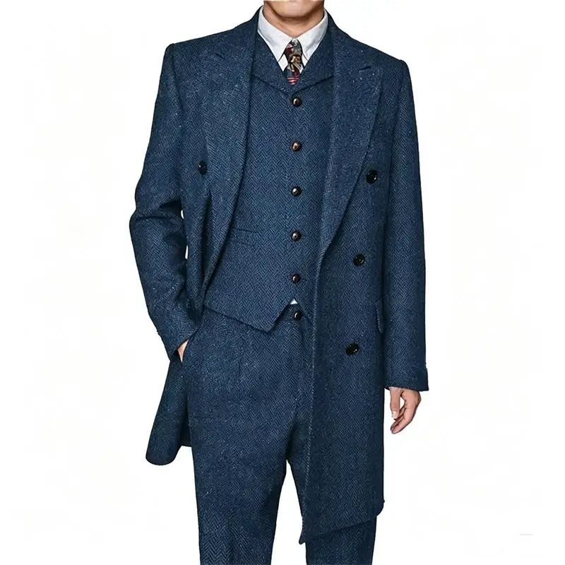Men Vintage Herringbone Tweed 3 Piece Suit Double Breasted Overcoat Vest Pants Wedding Busines British Style Wool Blend Suit Set