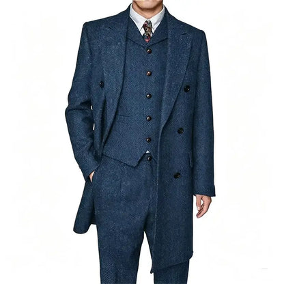 Men Vintage Herringbone Tweed 3 Piece Suit Double Breasted Overcoat Vest Pants Wedding Busines British Style Wool Blend Suit Set