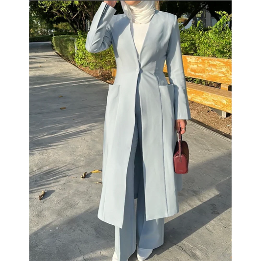 Sky Blue Single Button V Neck Long Women Suits 2 Piece Formal Casual Prom Party Pants Sets Blazer with Pants