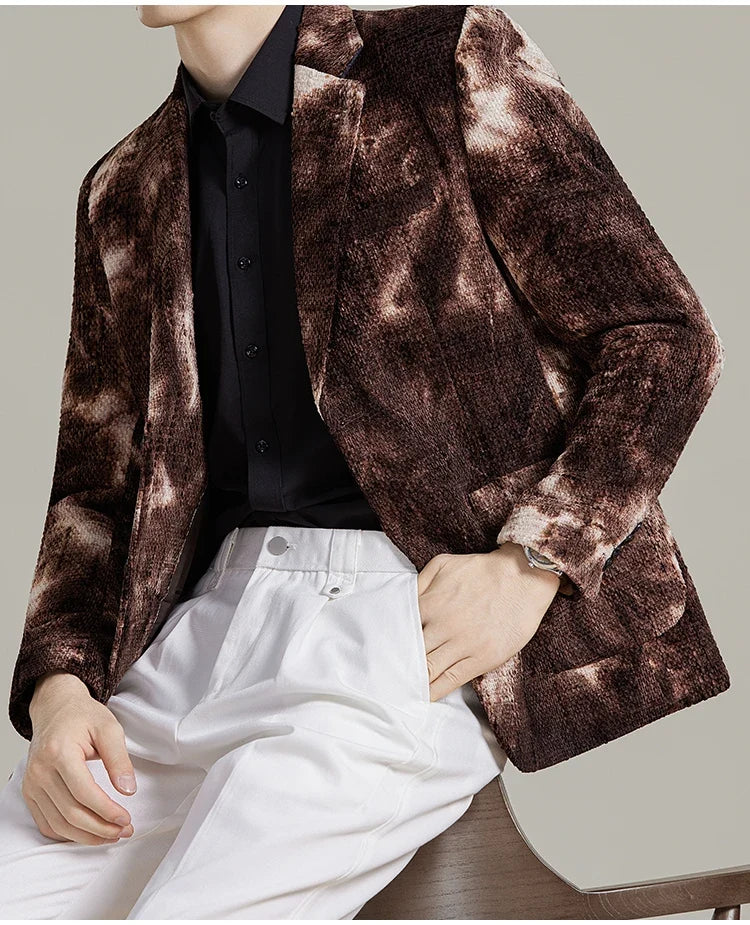 Autumn Korean Slim Fit Suit Jacket for Men Tie Dye Chenille Fashion Casual Suit Jacket Warm Business Social Formal Men Blazers