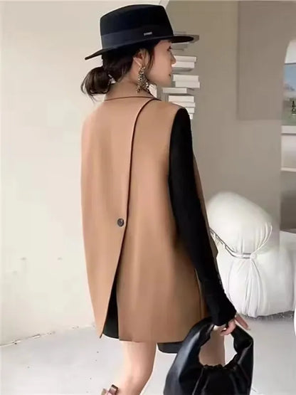 Vintage Sleeveless Suit Vest Fashion Casual Lapel Suit Waistcoat 2025 Summer Women Office Double Breasted Split Back Outwear