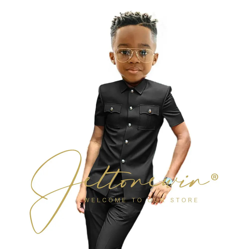 Boys Suit Black 2 Pieces Short Sleeve Party Tuxedo Formal Wedding Kids Clothes Indian Style Blazer Pants 2-16 Years Old