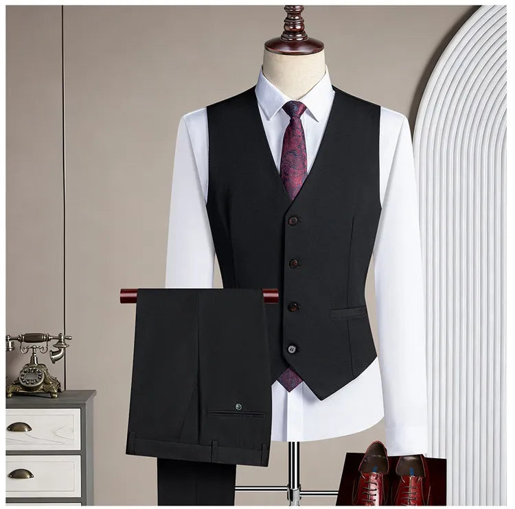 New Korean-style Casual Suit - Stylish and Handsome Solid-color Wedding Banquet Tailored Suit Set of Three Pieces