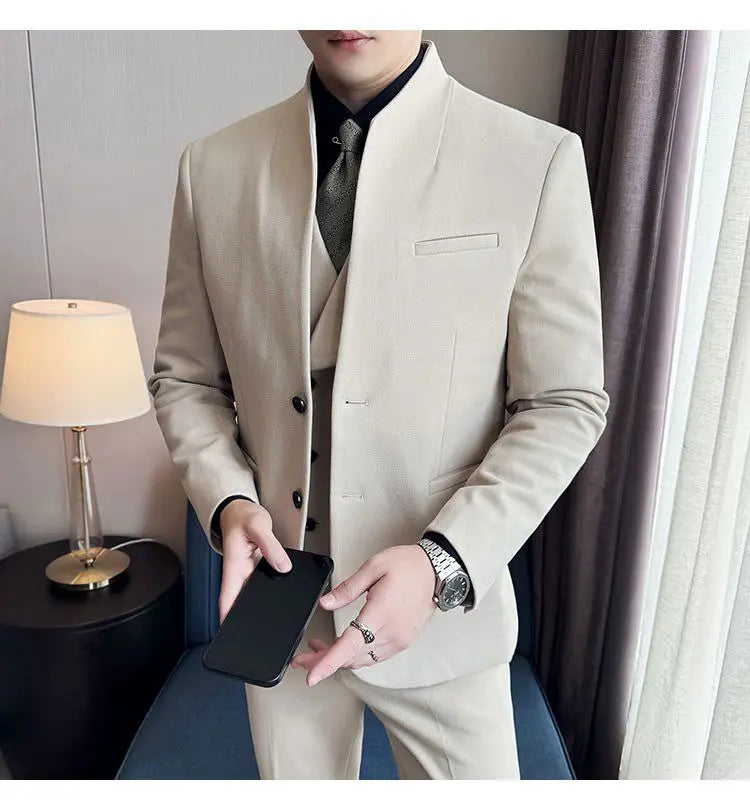 Men's 3-Piece Slim Fit Stand Collar Suit – Wedding, Prom & Office Formal Set