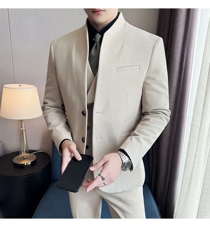 Men's 3-Piece Slim Fit Stand Collar Suit – Wedding, Prom & Office Formal Set
