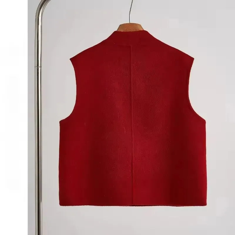 2025 Spring Chinese Style Red Vest Disc Buckle Sleeveless Vest Short Jacket Elegant Chic Women's Tweed Waistcoat