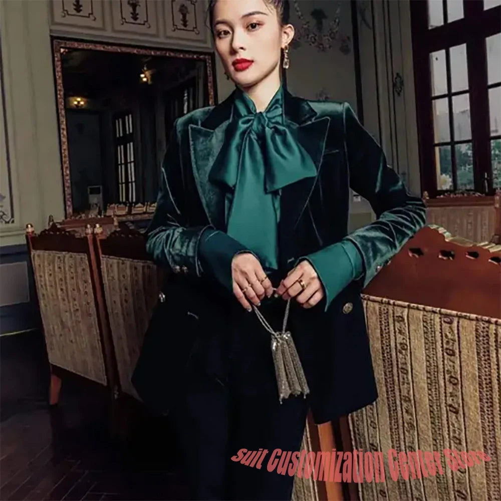 Vintage Velvet Women Blazer Suits Customized Peaked Lapel Loose 2 Pieces Set Elegant Fashion Soft Daily Jacket+Pants