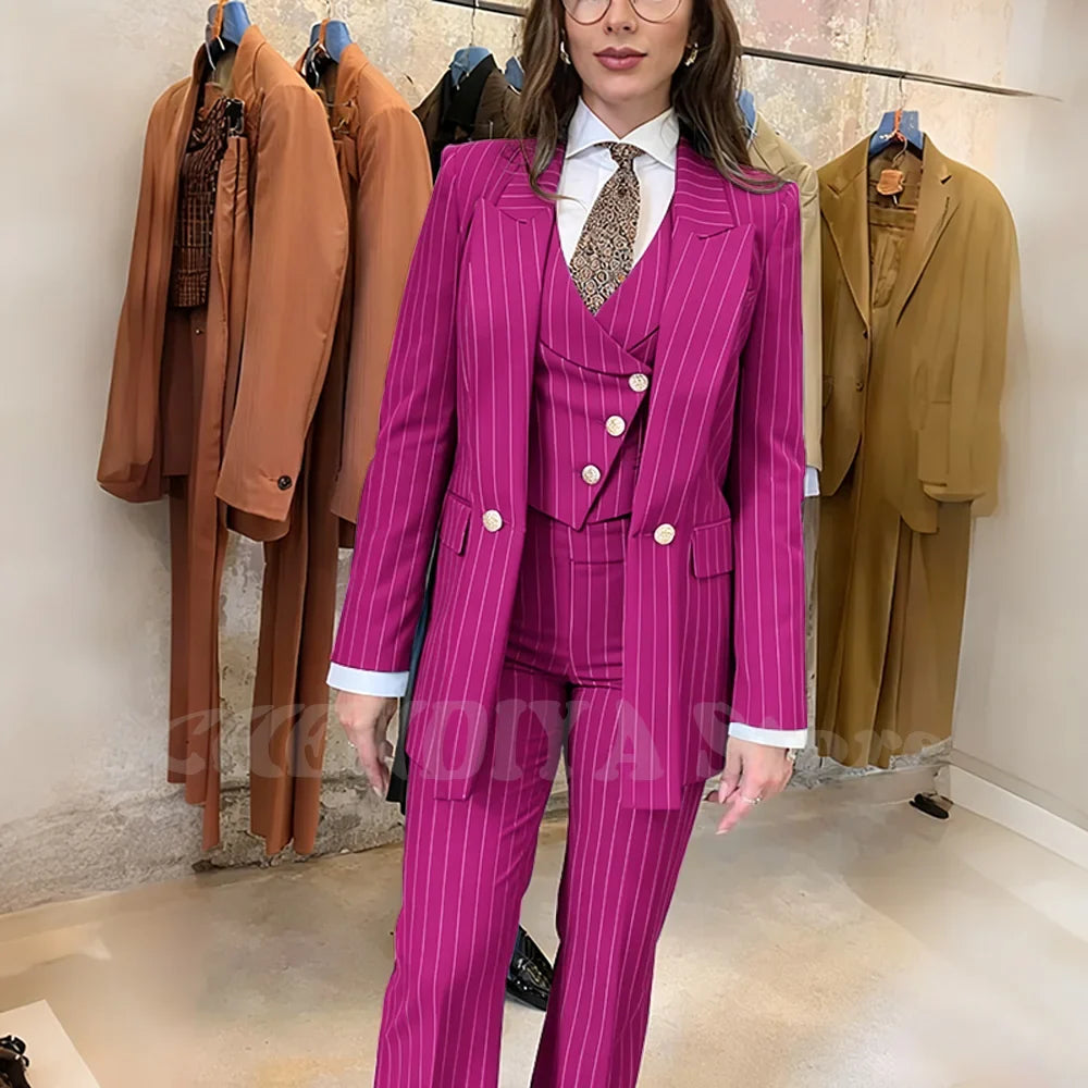 Navy Blue Striped Suit For Women Stylish Single Button Peak Lapel Elegant Outfit Business Meeting Office Formal Set Three Pieces