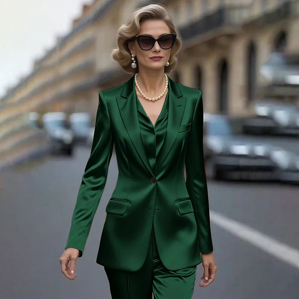 Women's Gold Satin Blazer Suit Set Stylish Single-Breasted Jacket+Pants Luxe Shiny Two-piece for Cocktail Party Wedding Guest
