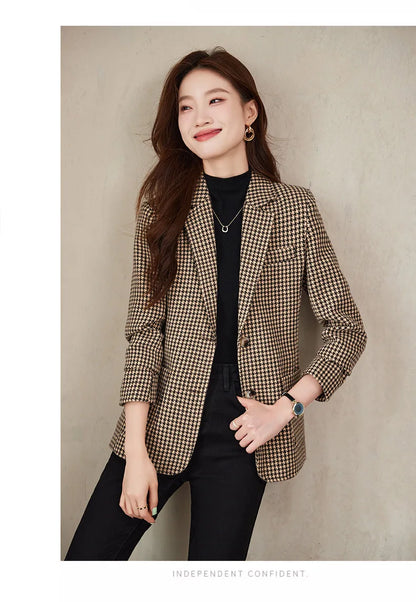 Women Office Ladies Single Breasted Slim Blazer Coat Autumn Winter Fashion Plaid Temperament Long Sleeved Elegant Tops Vacation