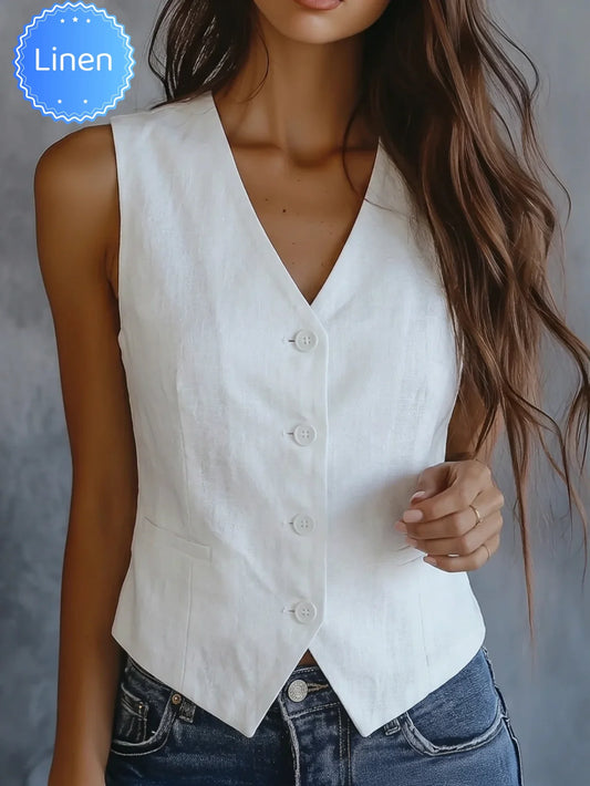 Women's Elegant Linen Vest, New Arrival for Spring Summer & Autumn, Simple Stylish with Lace Spliced Back, Sleeveless Vest, Vers
