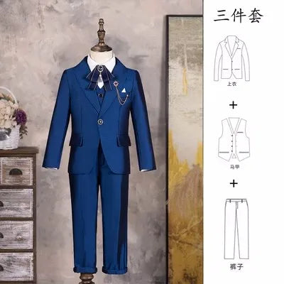 Children Shiny Blue Suit For Wedding Boys Formal Ceremony Tuxedo Dress Teenager Kids Photograph Blazer Party Performance Costume