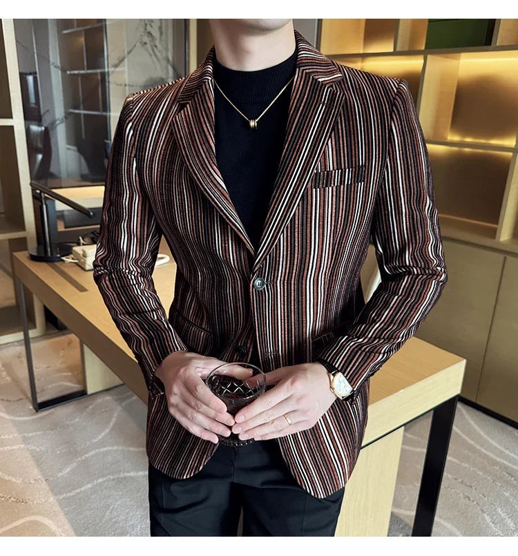 High Quality Plush Striped Fashion casual Suit Jacket Autumn Winter New Men Slim Fit Business Formal Social Prom Party Tuxedos