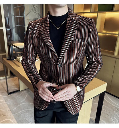 High Quality Plush Striped Fashion casual Suit Jacket Autumn Winter New Men Slim Fit Business Formal Social Prom Party Tuxedos