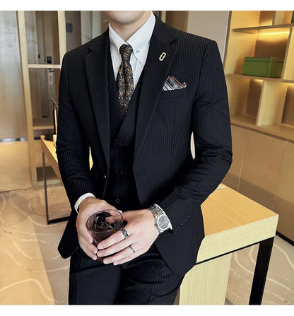 (Jackets+Pants+Vest) Luxury Stripe Men Suit Korean Version Fashion Elegant Slim Fit Tuxedo Formal Groom Wedding Social Suits