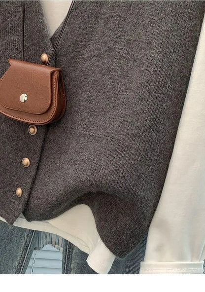Women's Soft Knitted Vest  Women Casual Button Deep V-Neck Sleeveless Autumn  Pullover Simple Tank Tops Loose Knitwear  Tops