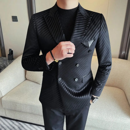 British Style Double Breasted Suit Jacket Men Striped Casual Business Blazers High Quality Wedding Social Banquet Dress Coats